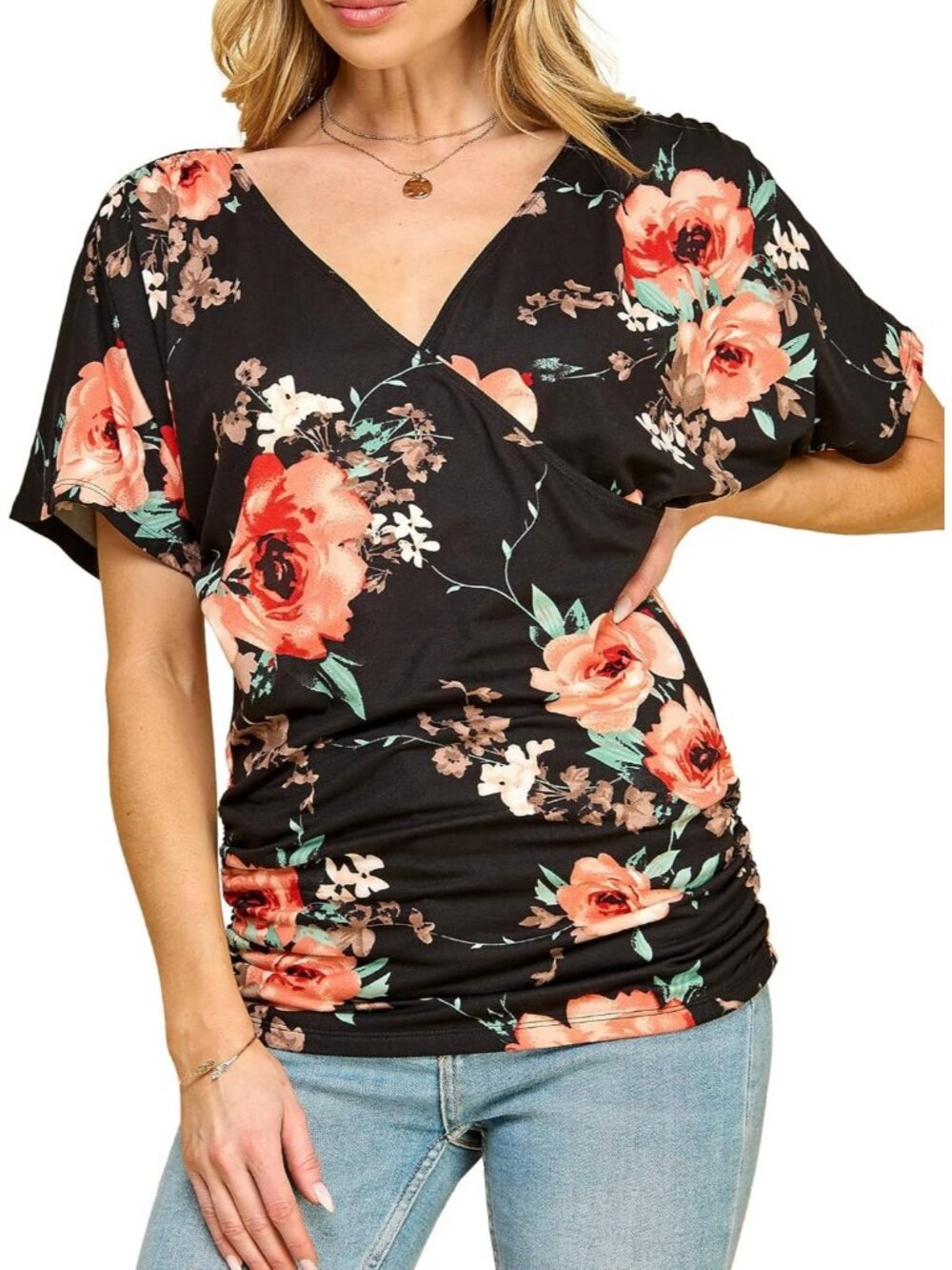 Women's T Shirt Black V Neck Short Sleeve Dressy Summer Comfort Drape Comfort